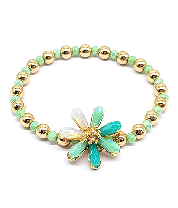 GARDEN THEME FACET STONE FLOWER AND MULTI BALL BEAD STRETCH BRACELET