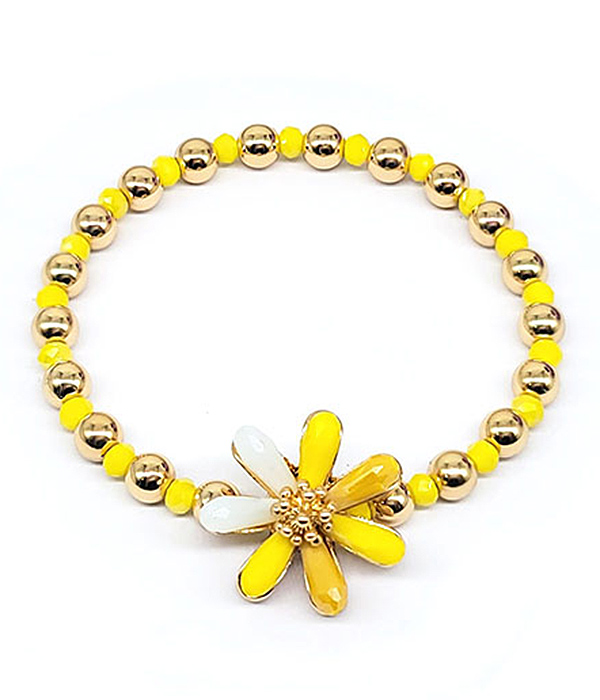 Garden theme facet stone flower and multi ball bead stretch bracelet