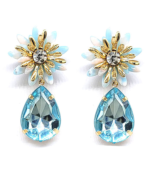 CRYSTAL CENTER FLOWER AND FACET TEARDROP EARRING