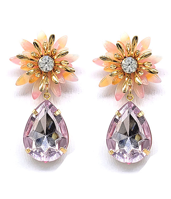 Crystal center flower and facet teardrop earring