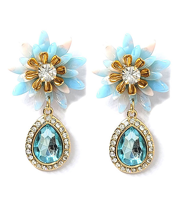 CRYSTAL CENTER FLOWER AND FACET TEARDROP EARRING