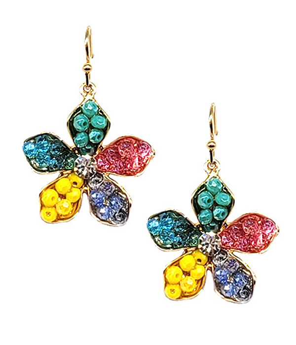 MULTI STONE AND BEAD MIX FLOWER EARRING