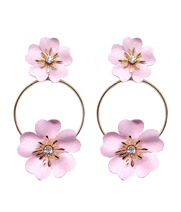 CRYSTAL CENTER CHUNKY DOUBLE FLOWER HOOP EARRING