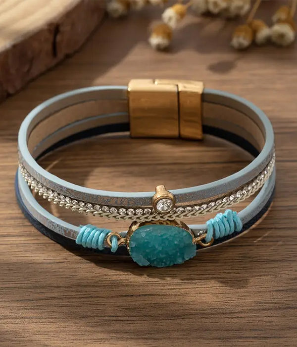 Druzy and multi layer leatherette magnetic bracelet
