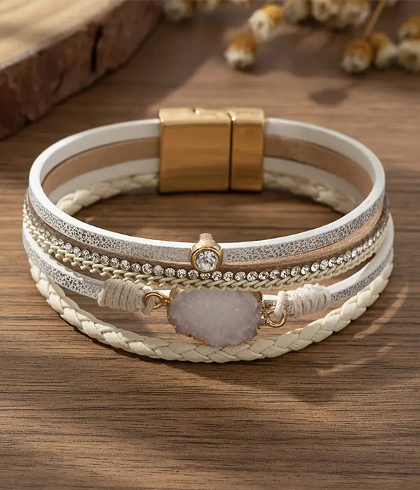Druzy and multi layer leatherette magnetic bracelet