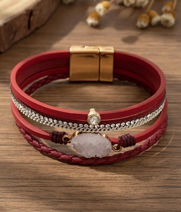 Druzy and multi layer leatherette magnetic bracelet