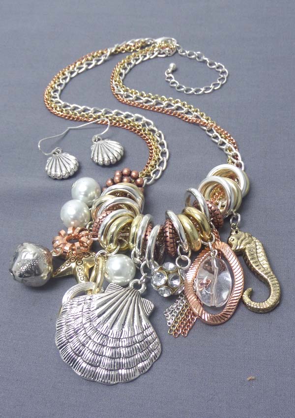 Shell and crystal ball and multi sealife charm dangle necklace earring set