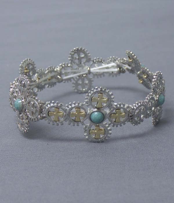Pearl center metal filigree cross link stretch bracelet