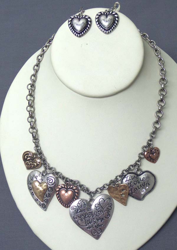Multi shape metal heart charm dangle chain necklace earring set