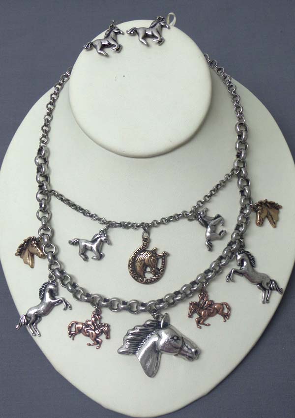 Multi horse theme charm dangle on double layer necklace earring set