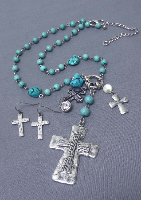 Rosario cross pendant and turquoise chain necklace earring set