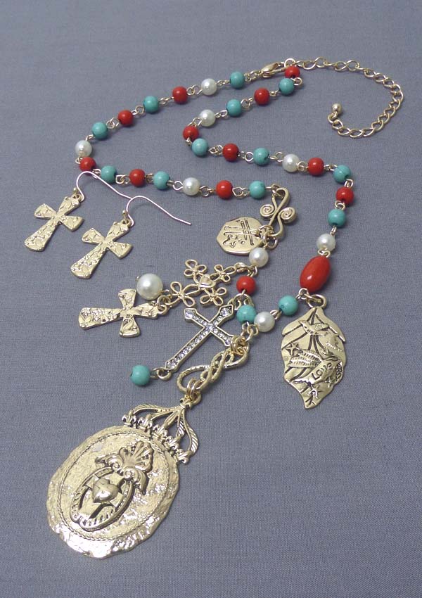 Rosario cross disk pendant necklace earring set