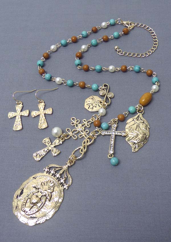 Rosario cross disk pendant necklace earring set