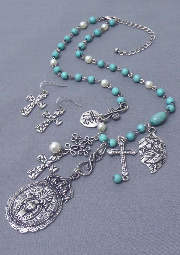 Rosario cross disk pendant necklace earring set