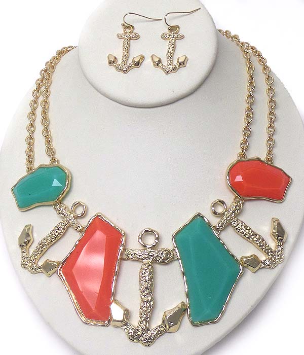 Hammered anchor and facet stone link necklace earring set