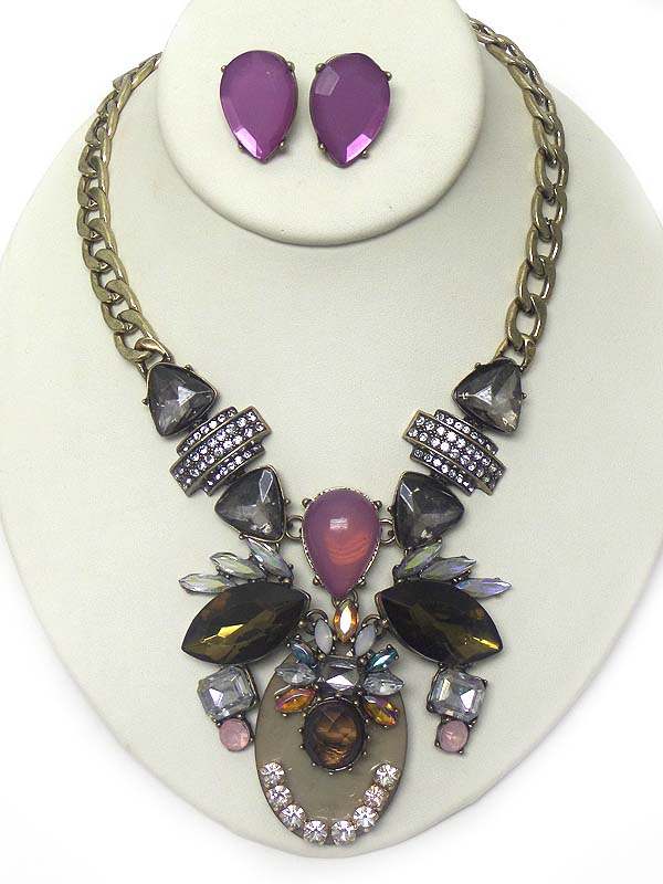 Luxury line multi crystal and thick chain boutique style necklace earring set