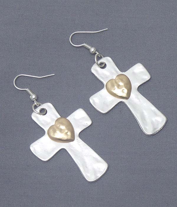 Heart center hammered cross drop earring