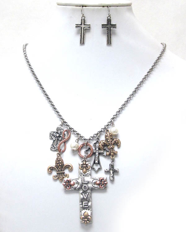 Mixed cross charms dangle necklace earrign set