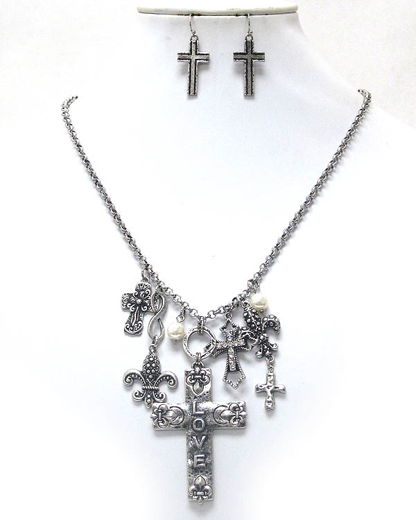 Mixed cross charms dangle necklace earrign set