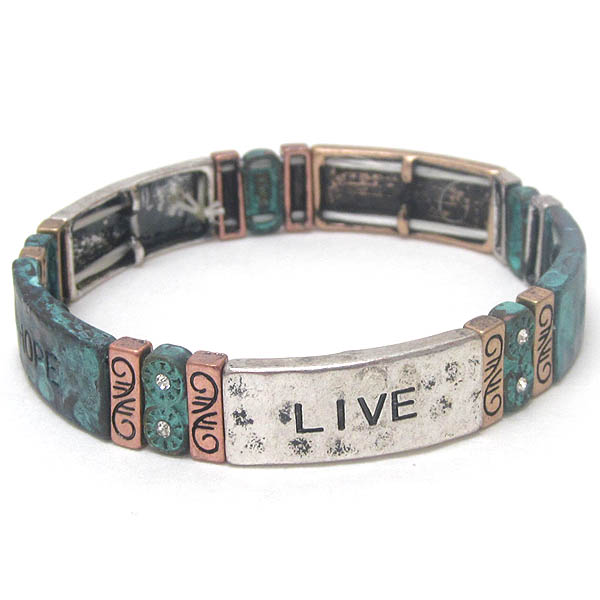 Crystal and inspiration patina stretch bracelet - live hope wish faith