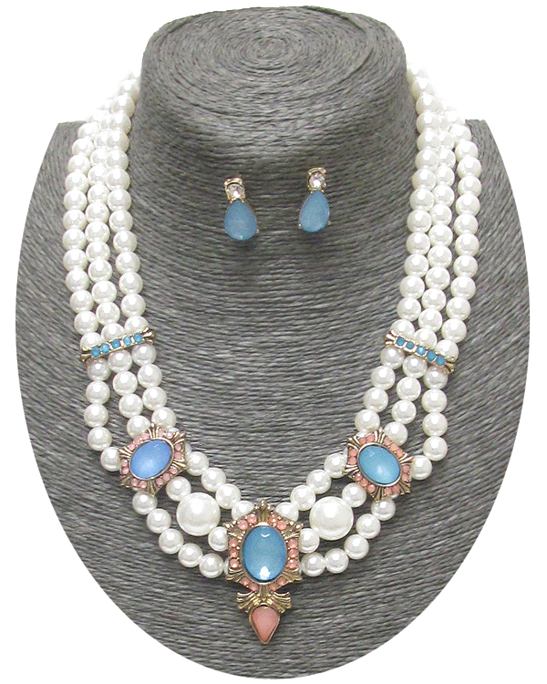 Puffy acrylic stone and triple pearl chain necklace earring set