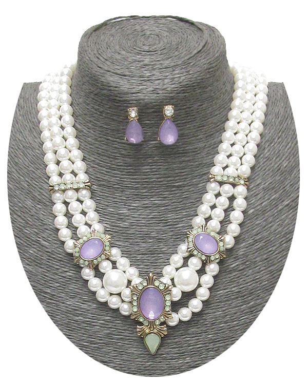 Puffy acrylic stone and triple pearl chain necklace earring set