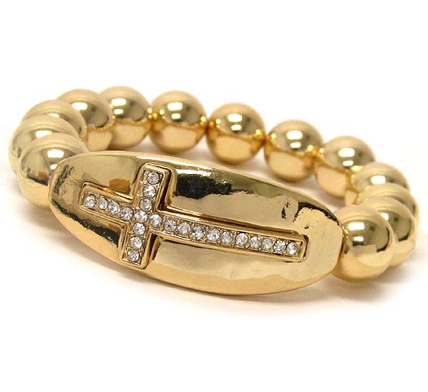 Crystal stud cross on hammered metal and multi metal ball stretch bracelet