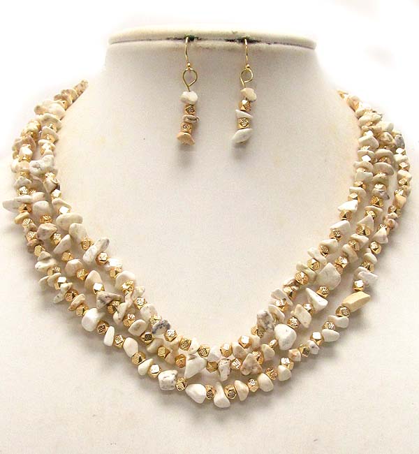 Multi natural stone and metal seed bead triple chain necklace earring set