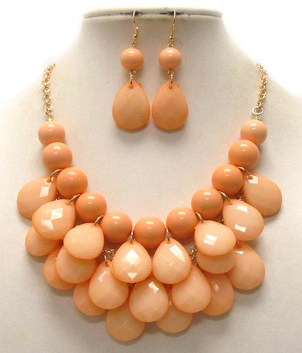 Designer style multi balls and  multi conetted facet cut acrylic puffy teardrop chain necklace earring set