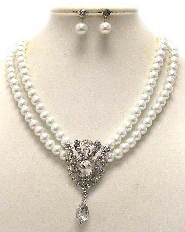 Two layer pearl with crystal triangel multi size crysatl necklce earring set