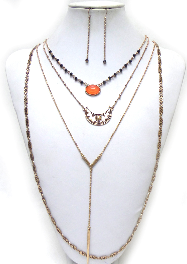 BOHEMIAN STYLE 4 LAYERED CHARM AND HANGING CHAIN NECKLACE SET