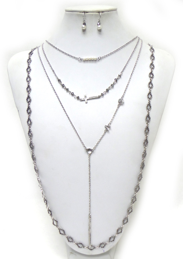 BOHEMIAN STYLE 4 LAYERED CROSS CHARM AND HANGING CHAIN NECKLACE SET