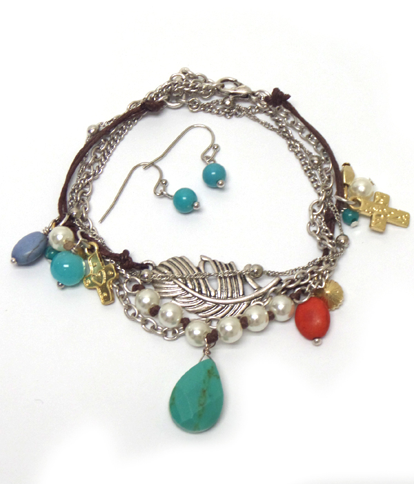 Semi precious stone and multi cham suede and metal chain wrap bracelet