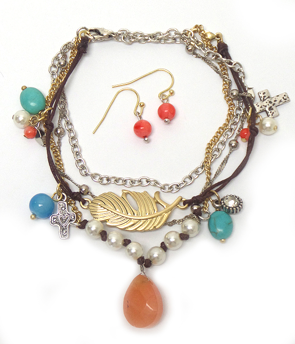 Semi precious stone and multi cham suede and metal chain wrap bracelet