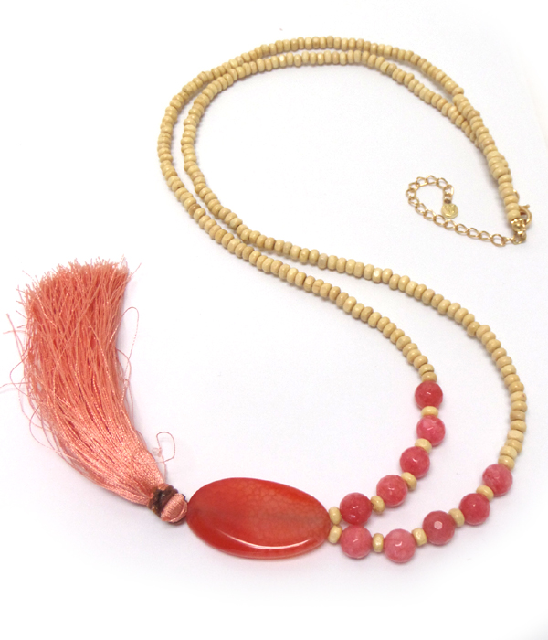 MULTI BEADS TASSEL DROP NECKLACE 