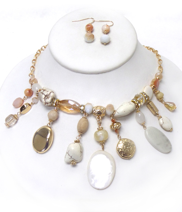 Stone with sea shell disk drop necklace set