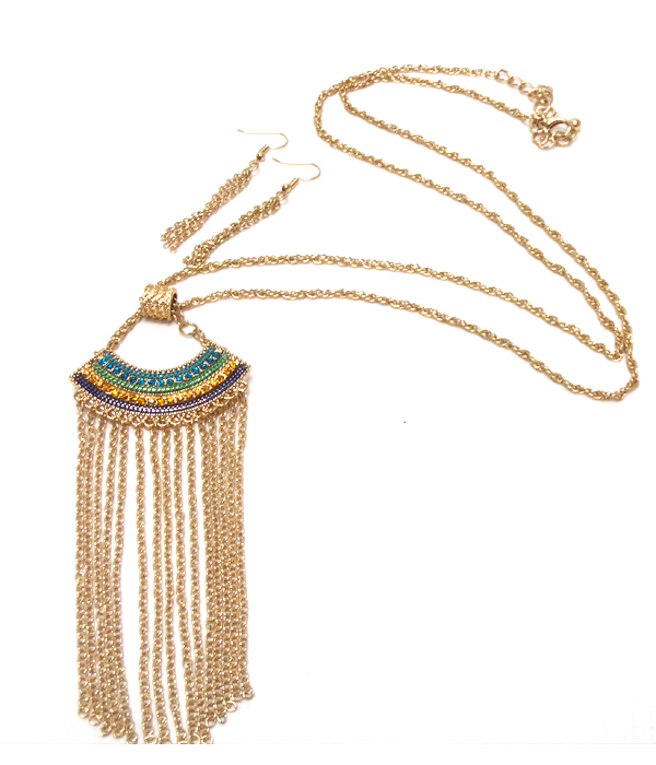 CRYSTAL PENDANT AND MULTI LAYER TASSEL DROP LONG NECKLACE SET