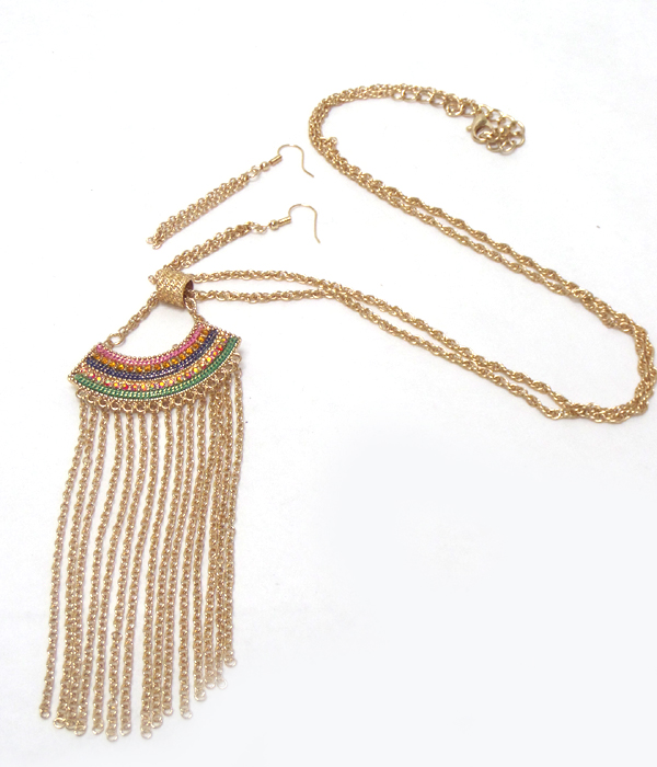 CRYSTAL PENDANT AND MULTI LAYER TASSEL DROP LONG NECKLACE SET