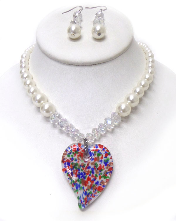 Murano glass heart and pearl necklace set