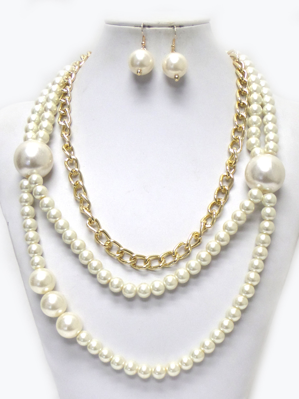Three layer chain and pearl necklace set