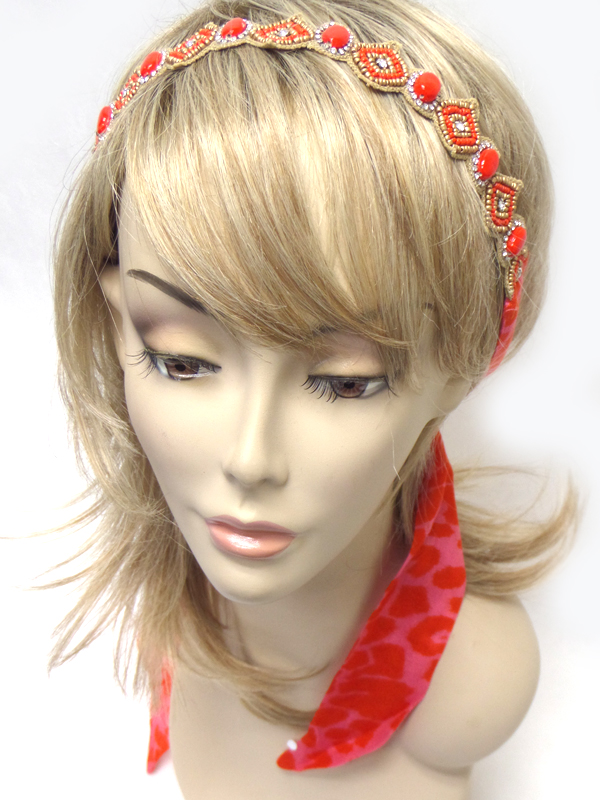 Handmade multi seed beads silk type with pattern tie headband 