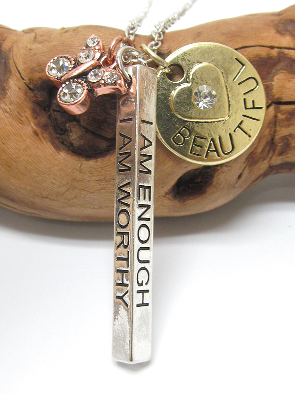 Inspiration message triple pendant necklace - i am loved i am enough i am worthy i am strong