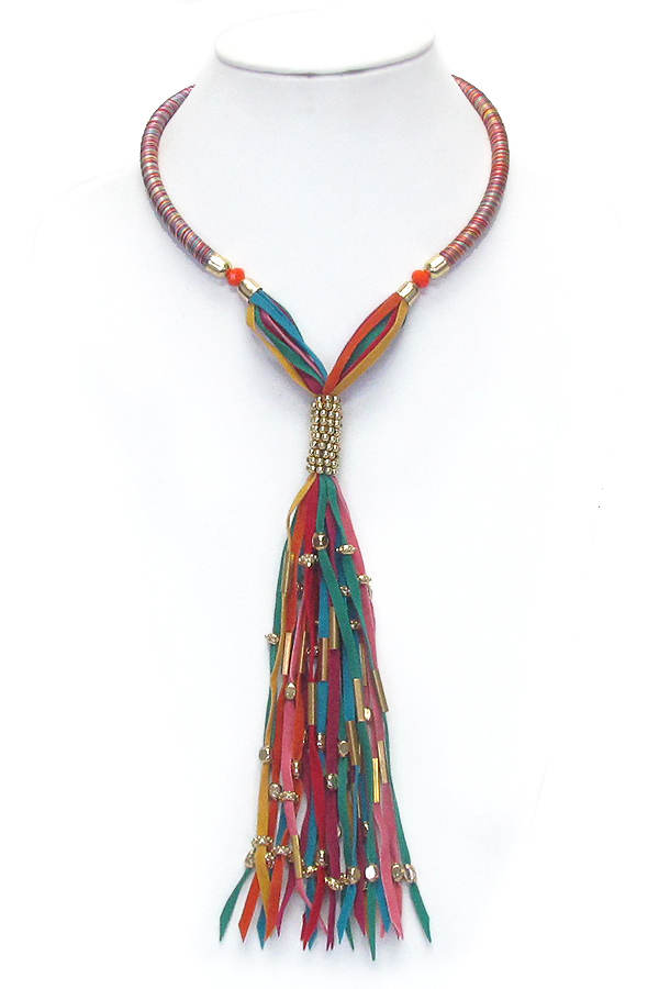 Ethnic style multi color leather tassel drop necklace