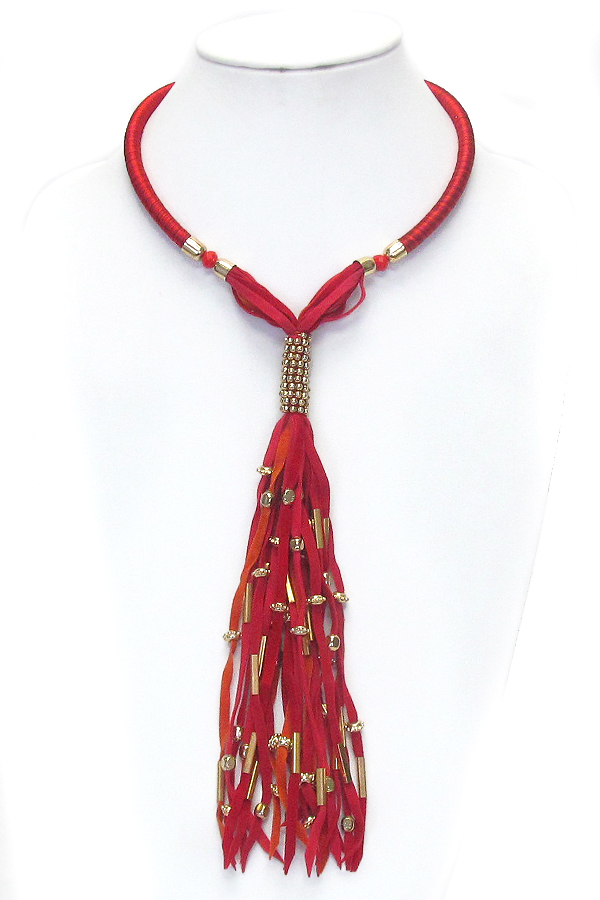 Ethnic style multi color leather tassel drop necklace