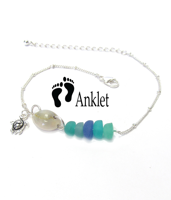 Sealife theme sea glass and shell anklet - turtle