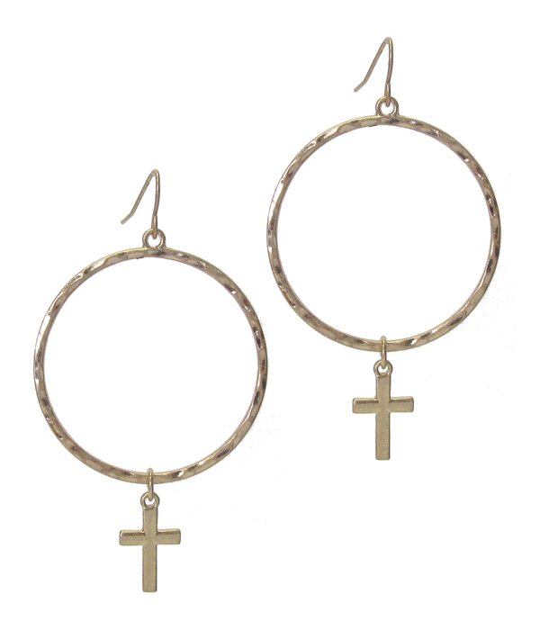 METAL HOOP AND CROSS DROP EARRING