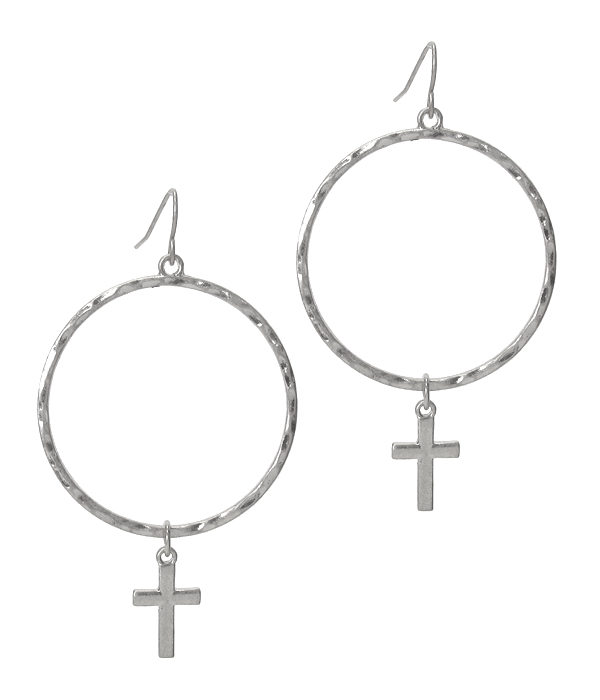 METAL HOOP AND CROSS DROP EARRING