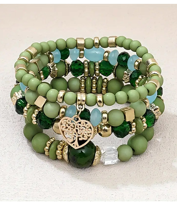 Boho style tree of life charm acrylic bead 4 stretch bracelet set
