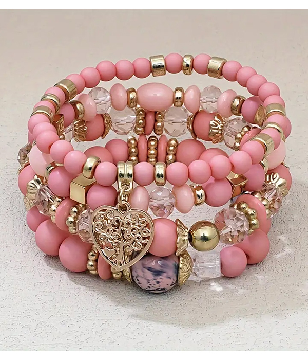 Boho style tree of life charm acrylic bead 4 stretch bracelet set