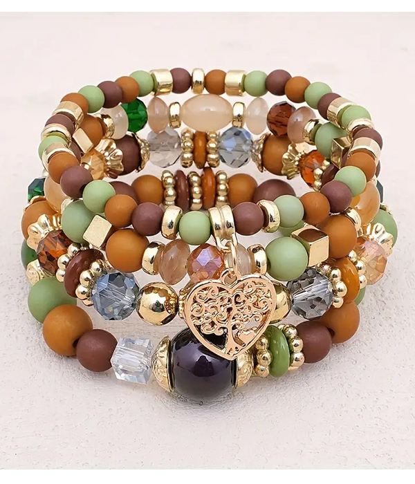 Boho style tree of life charm acrylic bead 4 stretch bracelet set